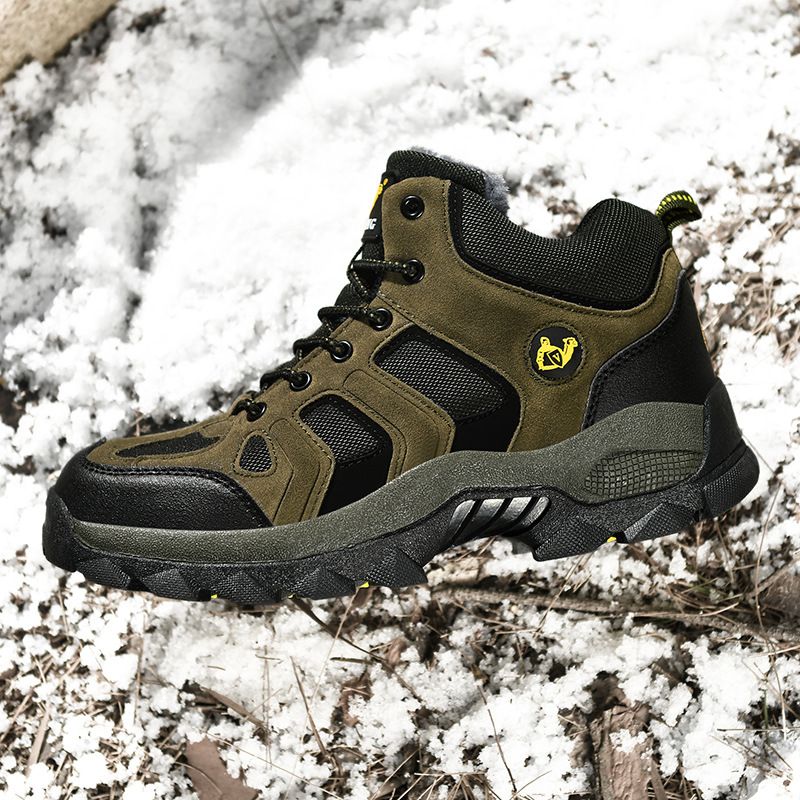 QIFENG Mens High Top Hiking Shoes Anti Slip Rubber Sole Army green cotton 44