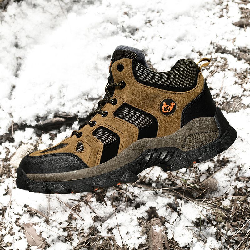 QIFENG Mens High Top Hiking Shoes Anti Slip Rubber Sole Brown Cotton 43