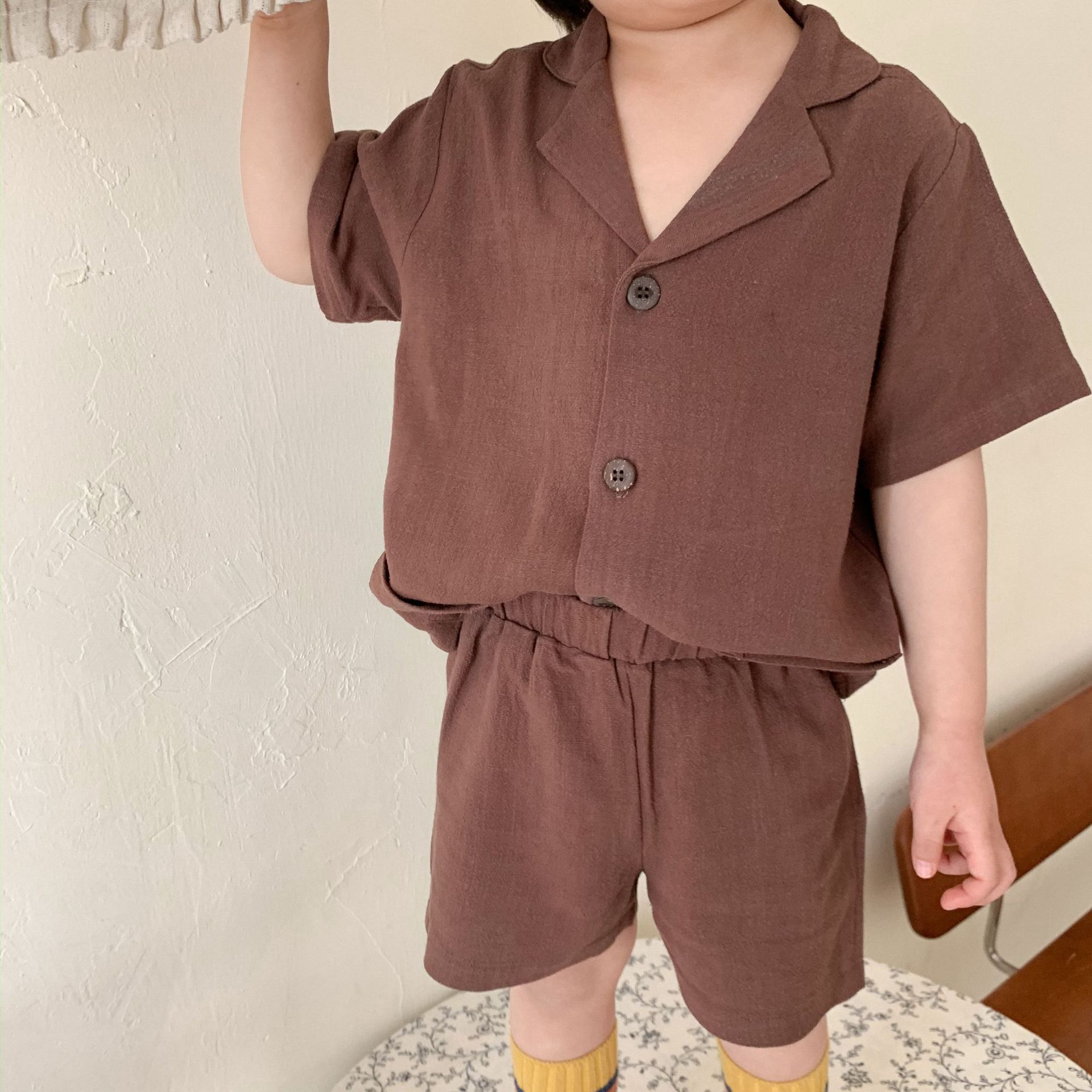 Kids Cotton Short Sleeve Shirt Shorts Set 21039 21039 Curry 130cm