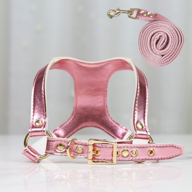 Shine Dog Cat Harness Leash PU Retractable Set Leather chest and back traction view 3