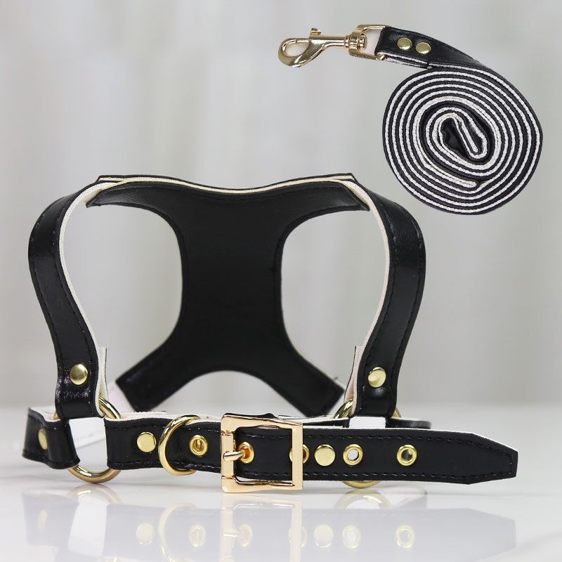 Shine Dog Cat Harness Leash PU Retractable Set Leather chest and back traction view 6