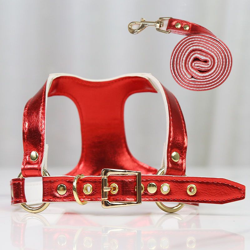 Shine Dog Cat Harness Leash PU Retractable Set Leather chest and back traction view 4