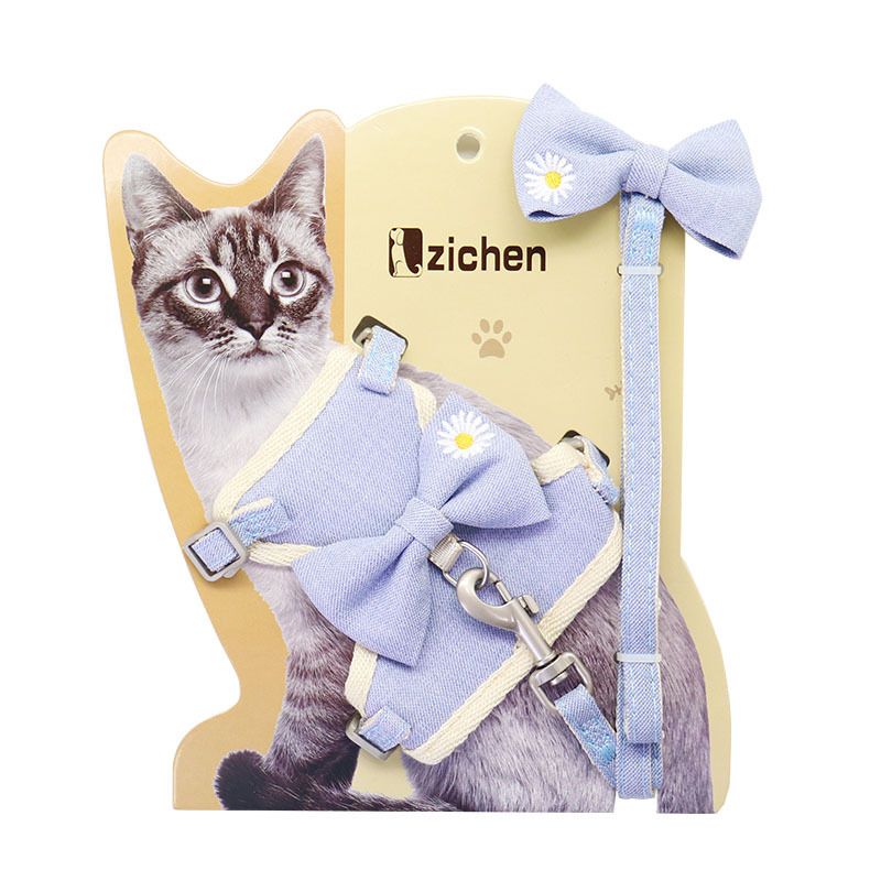 Pet Traction Strap Polyester Cat Dog Blue (embroidered) M size cotton nylon