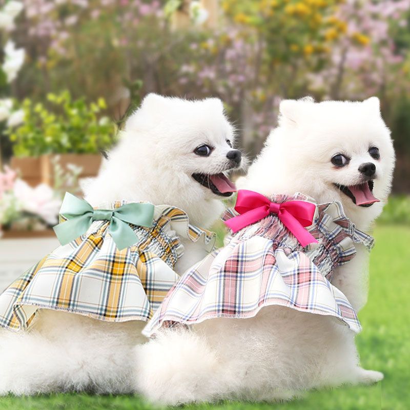 Shine Plaid Dog Dress Polyester Small Medium Pet Skirt Green and Yellow Check view 3