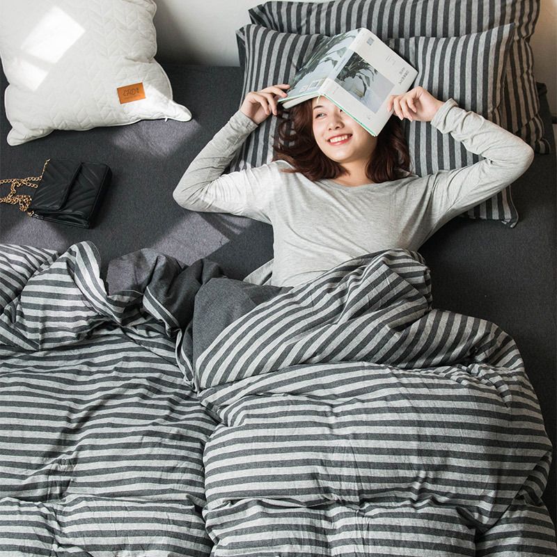 SHANGPIN Cotton Bedding Set Stripe 60 Thread Count 1.2m bed hat [quilt cover