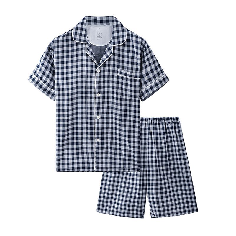 Cotton Short Sleeve Japanese Leisure Sleep Shorts Set Men's Navy-short-sleeved
