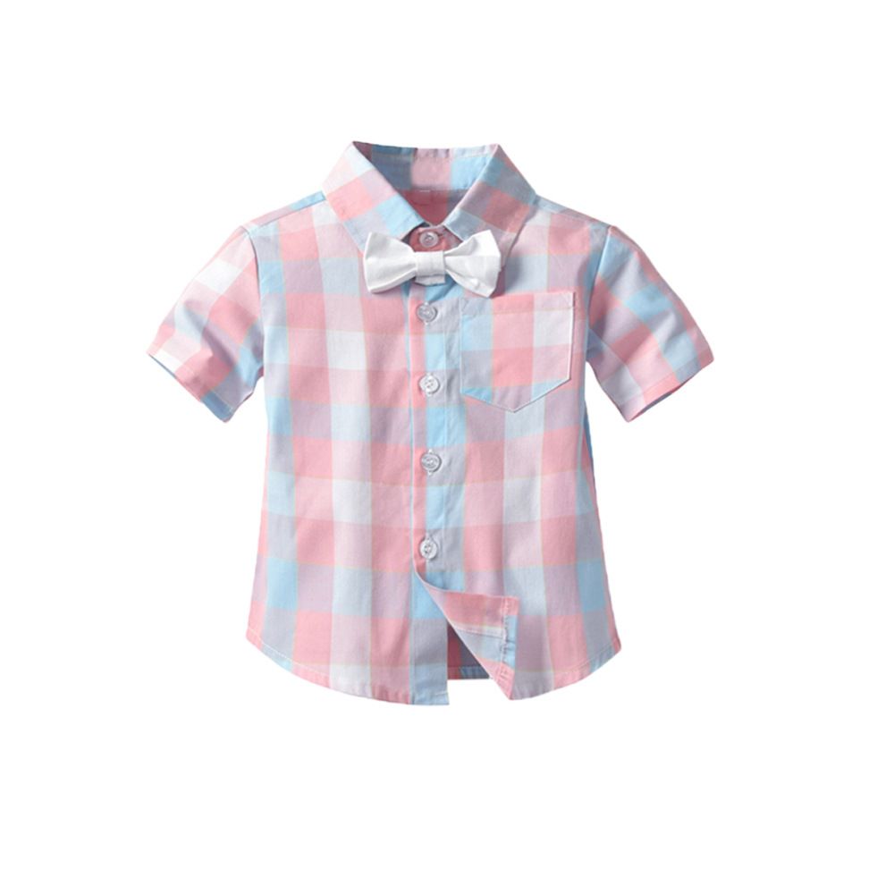 Bugava Boys Plaid Shirt Suspenders Set Summer Cotton Pink plaid shirt + view 3