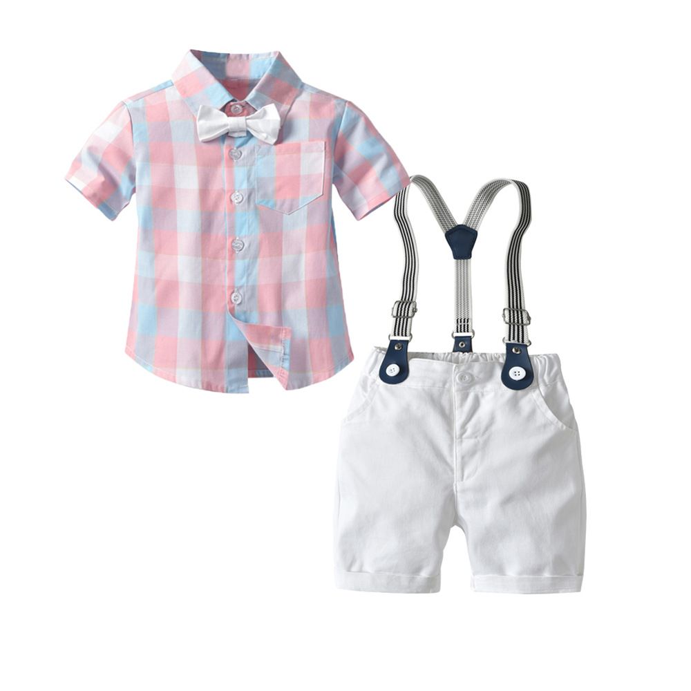 Bugava Boys Plaid Shirt Suspenders Set Summer Cotton Pink plaid shirt +