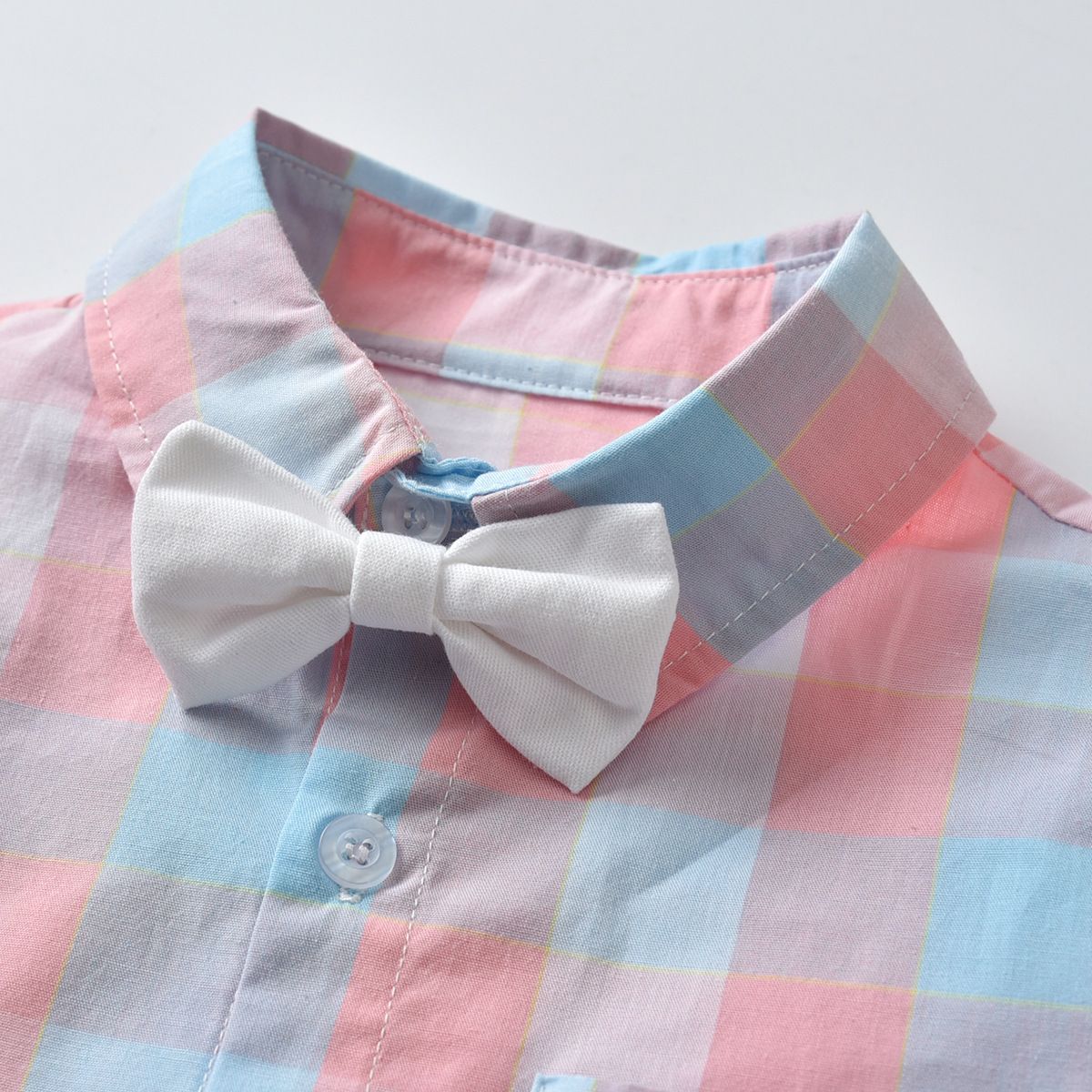 Bugava Boys Plaid Shirt Suspenders Set Summer Cotton Pink plaid shirt + view 4