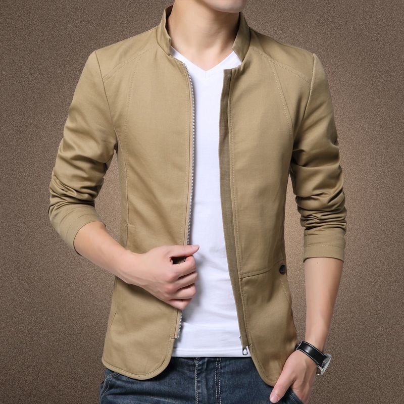 Men's Slim Fit Autumn Jacket Korean Style Polyester Khaki XL Size: XL view 5