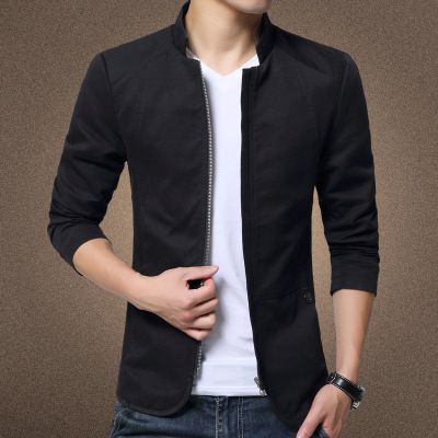 Men's Slim Fit Autumn Jacket Korean Style Polyester Black Size: M
