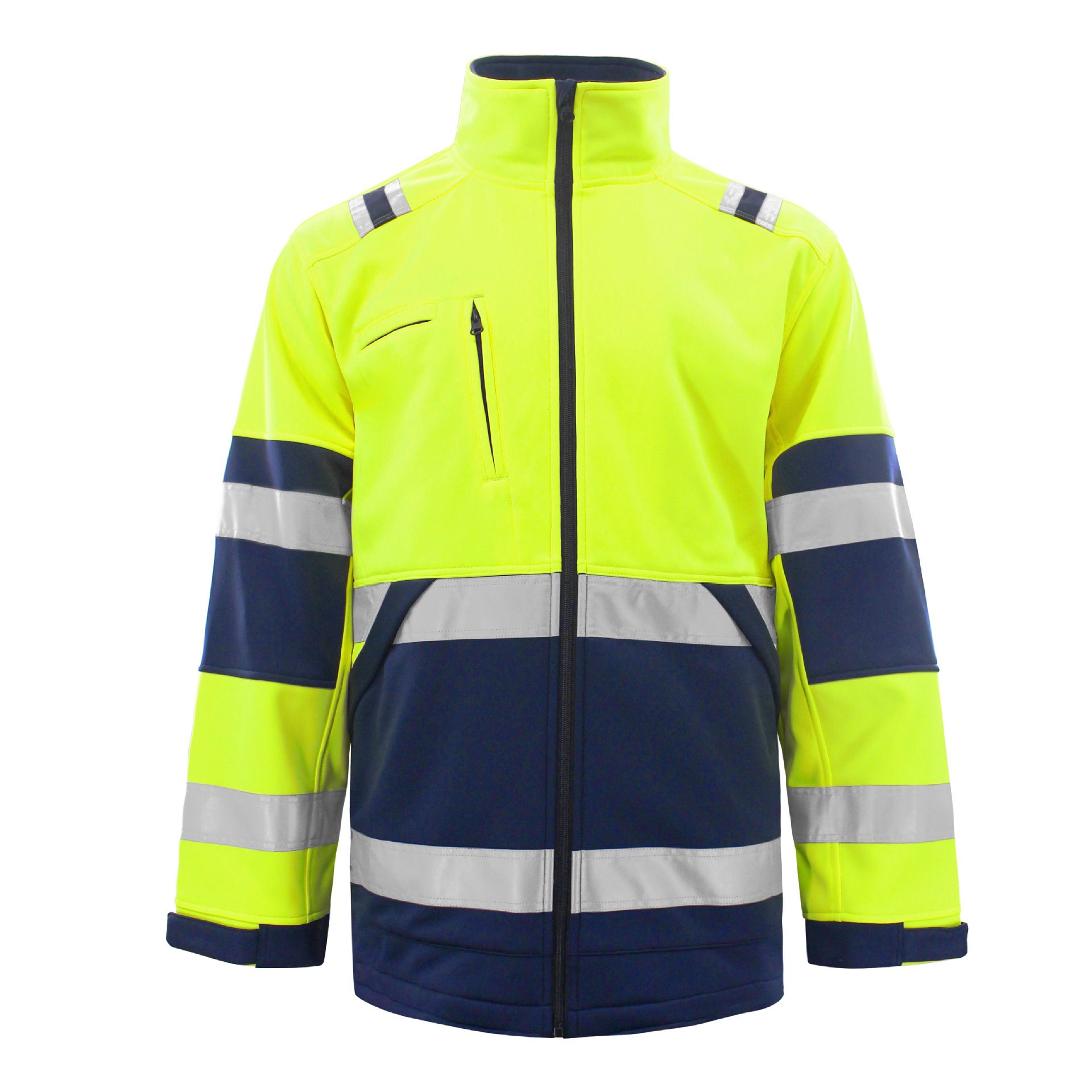 Men Polyester Zipper Jacket Workwear Autumn Winter Fluorescent yellow L Size: L