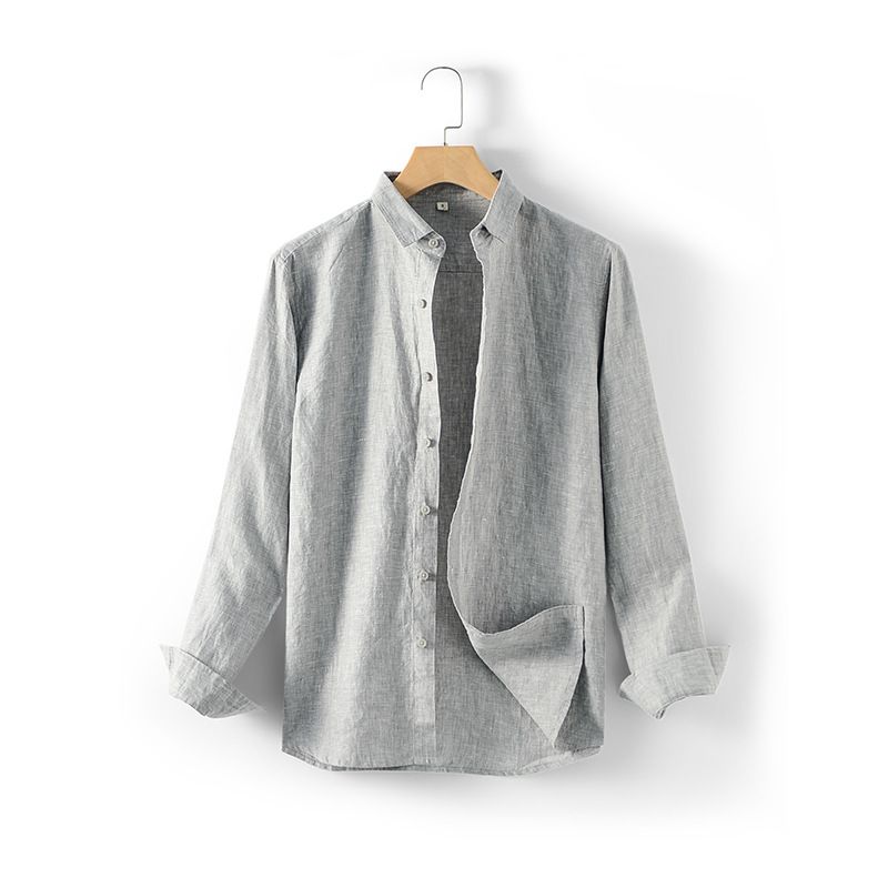 Ma Ke Linen Shirt Men Long Sleeve Lapel D031 Grey XXL