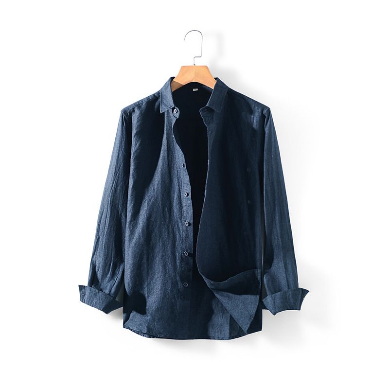 Ma Ke Linen Shirt Men Long Sleeve Lapel D031 Navy XXL