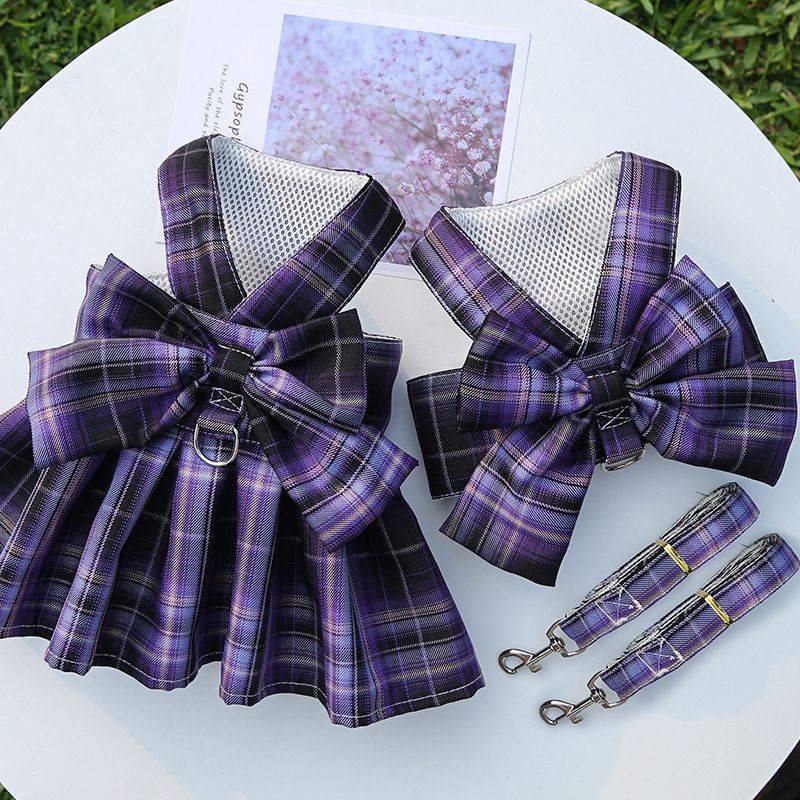 Plaid Pet Dog Cat Vest Harness with Skirt 273 Skirt Traction Navy Blue XXL view 5