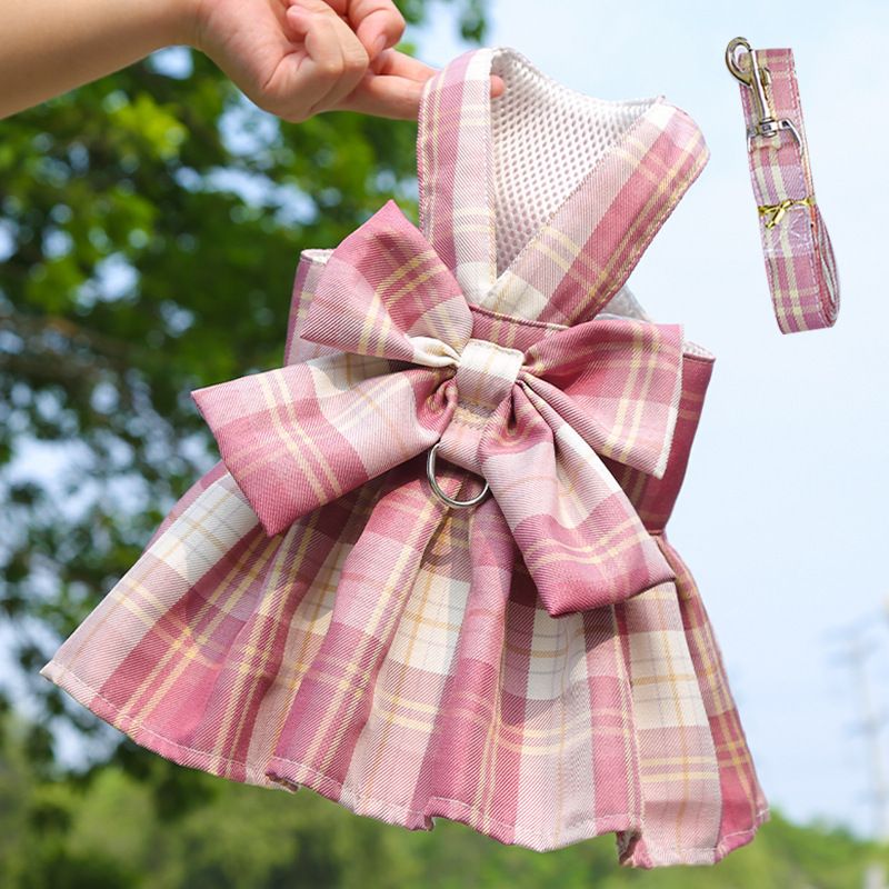 Plaid Pet Dog Cat Vest Harness with Skirt 273 Skirt Traction Deep Powder — image 1