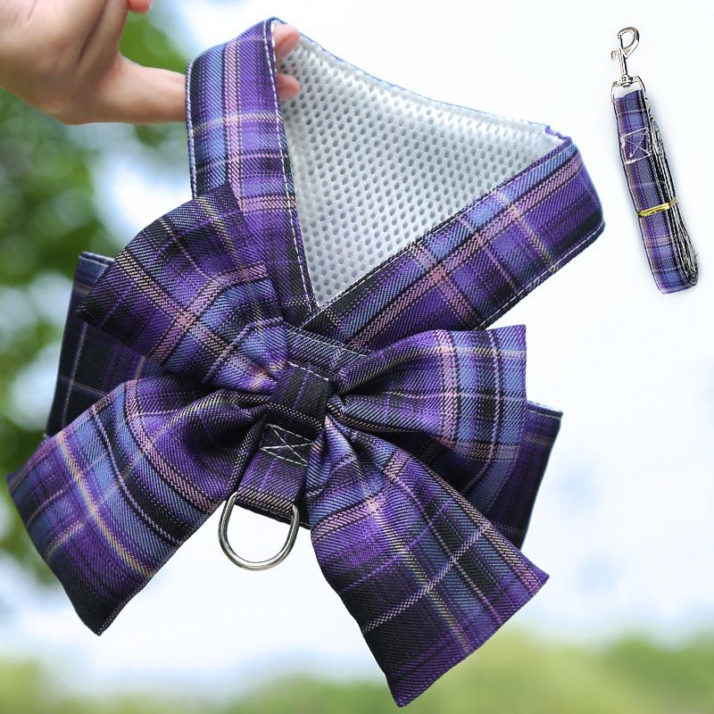 Plaid Pet Dog Cat Vest Harness with Skirt 273 vest traction deep purple — image 1