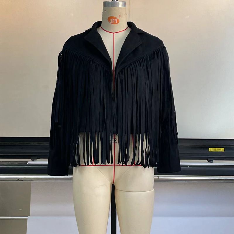 Women Suede Jacket Lapel Tassel Short SU2674 Black Size: L