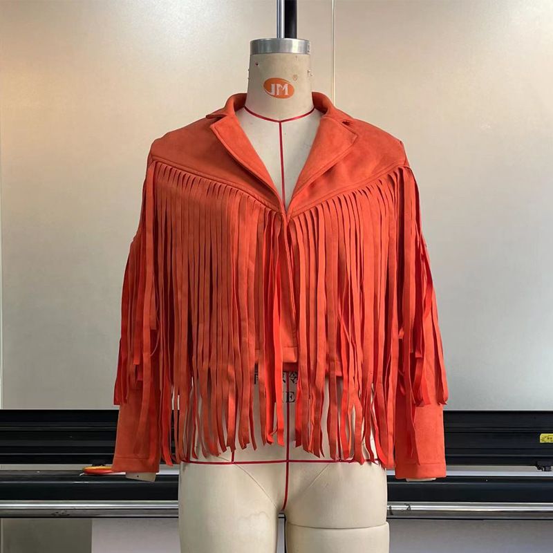 Women Suede Jacket Lapel Tassel Short SU2674 Orange Size: S