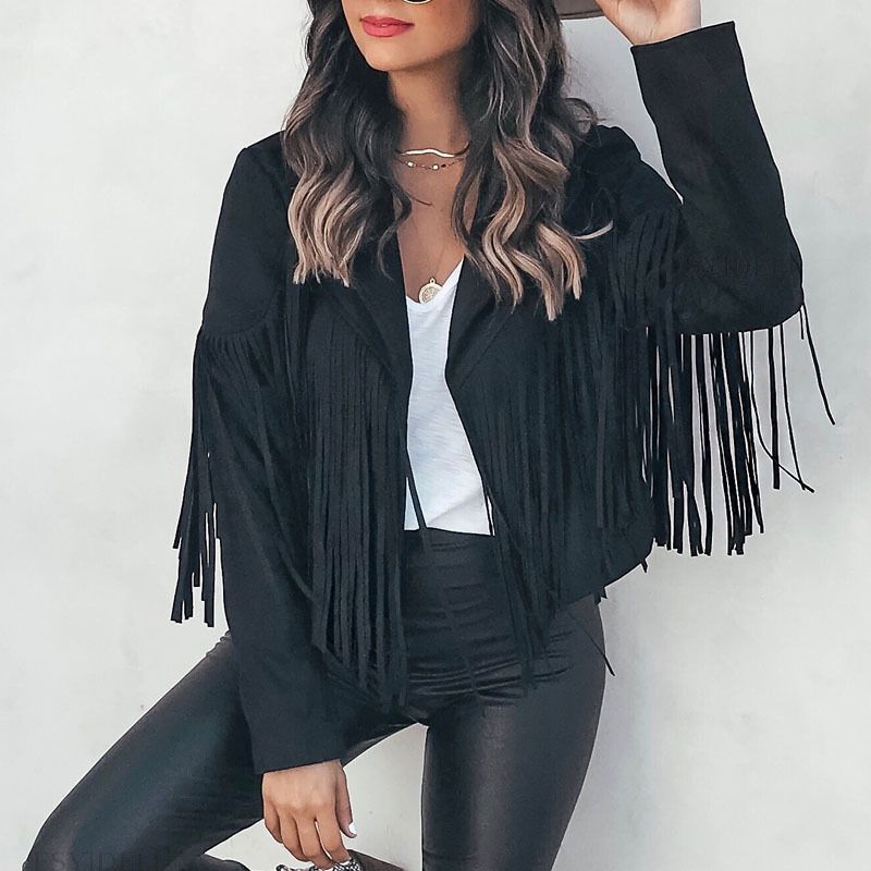 Women Suede Jacket Lapel Tassel Short SU2674 Beige M Size: M view 3