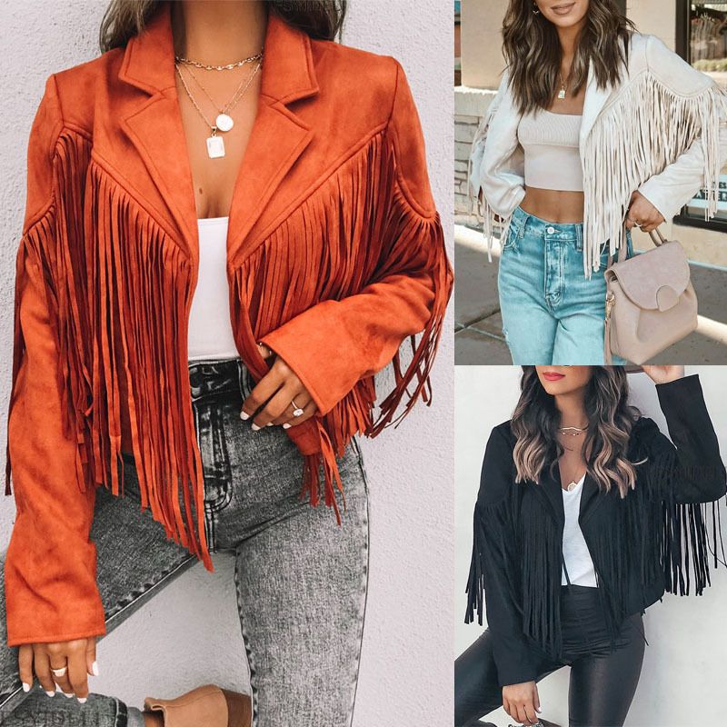 Women Suede Jacket Lapel Tassel Short SU2674 Beige XL Size: XL view 2