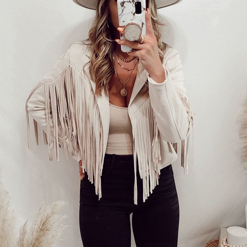 Women Suede Jacket Lapel Tassel Short SU2674 Beige XL Size: XL view 4