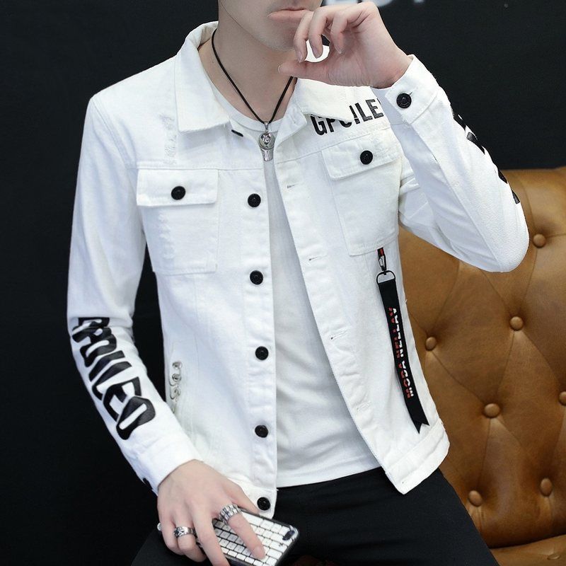 Tiwang Men Slim Korean Denim Jacket Long Sleeve Tide Brand House 181 White