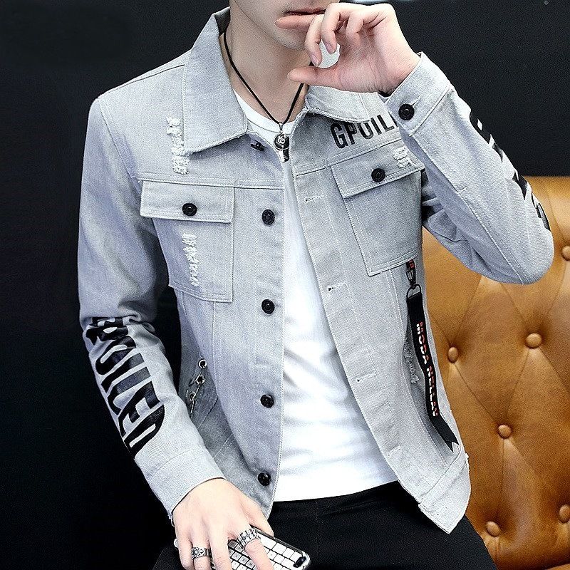 Tiwang Men Slim Korean Denim Jacket Long Sleeve Tide Brand House 181 White view 2
