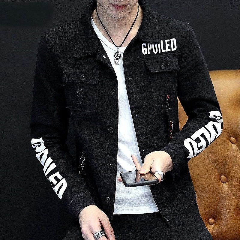 Tiwang Men Slim Korean Denim Jacket Long Sleeve Chao Brand House 181 Black XL
