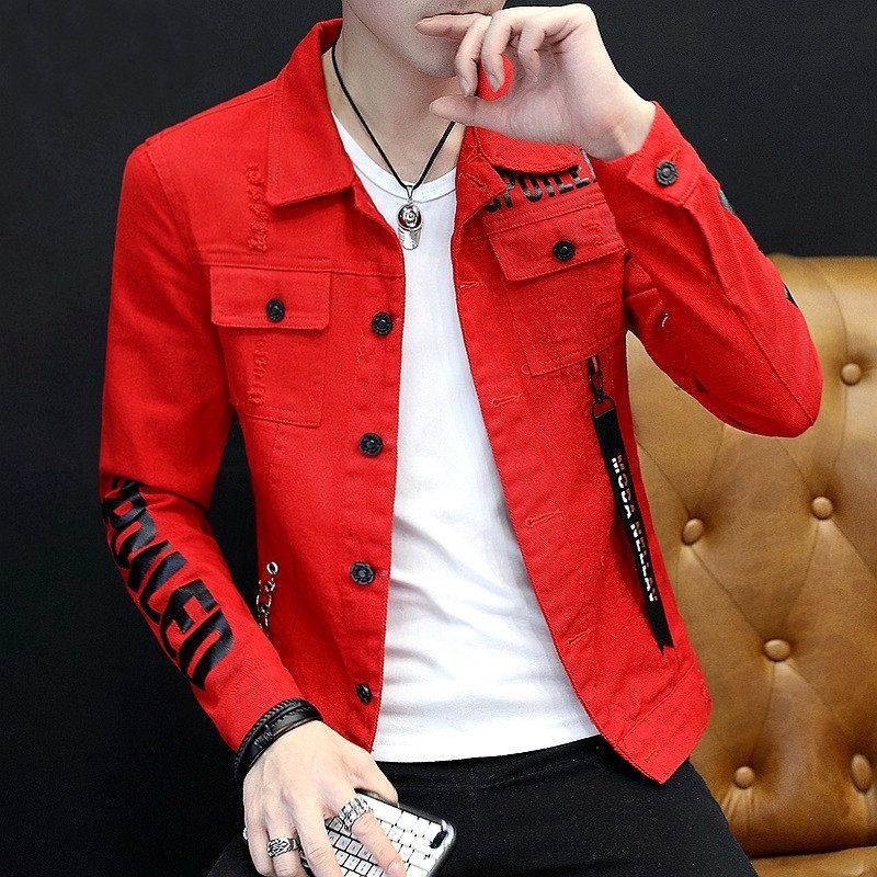 Tiwang Men Slim Korean Denim Jacket Long Sleeve Chao Brand House 181 Red Size: M
