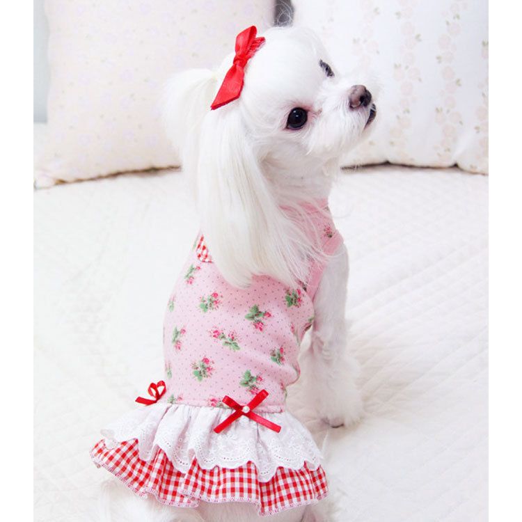 Pet Princess Dress Polyester Teddy Dog Skirt White Rose Plaid Skirt S (chest view 4