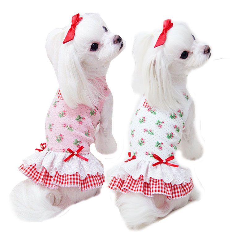 Pet Princess Dress Polyester Teddy Dog Skirt White Rose Plaid Skirt M (chest view 2