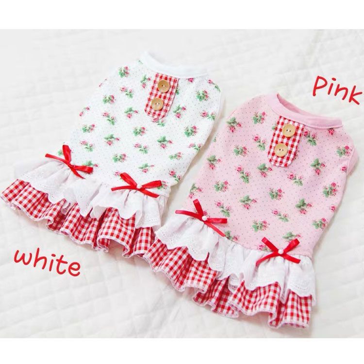 Pet Princess Dress Polyester Teddy Dog Skirt White Rose Plaid Skirt M (chest view 3