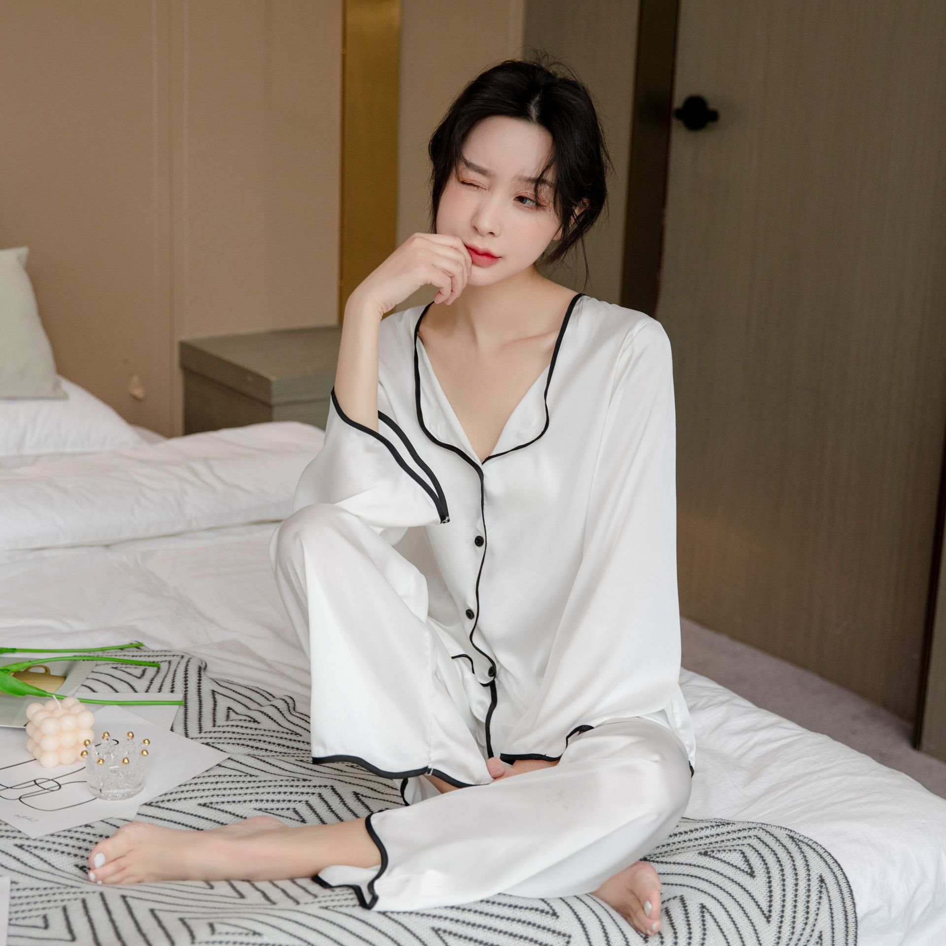 Ming Yu Ya Si Ice Silk Pajamas Set Long Sleeve White XL