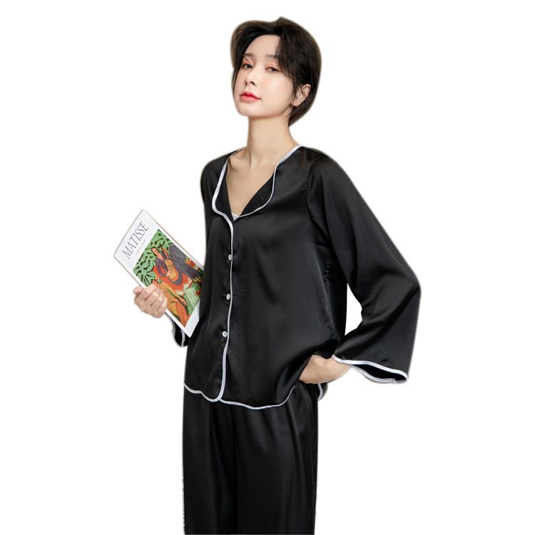 Ming Yu Ya Si Ice Silk Pajamas Set Long Sleeve Black view 5