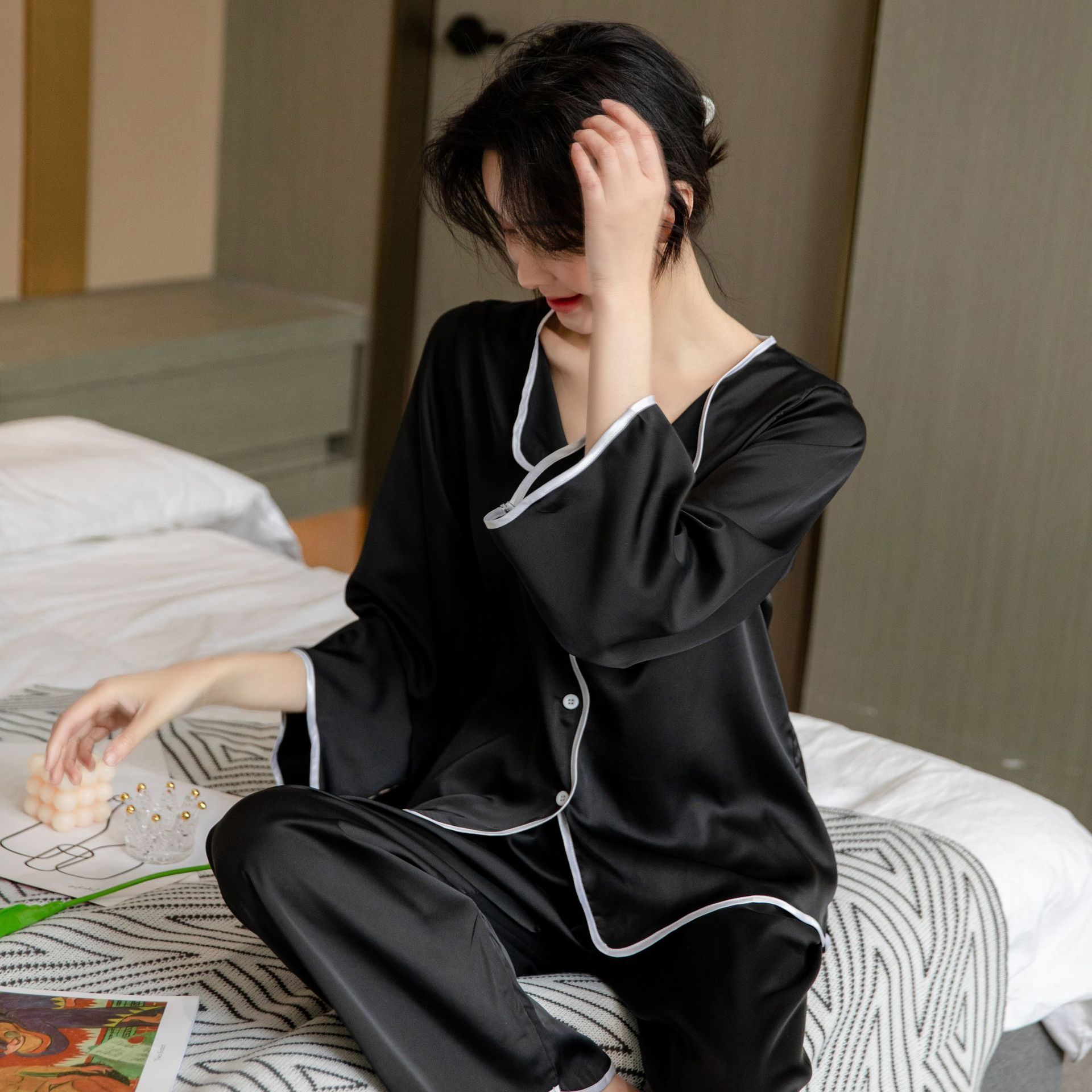 Ming Yu Ya Si Ice Silk Pajamas Set Long Sleeve Black XL