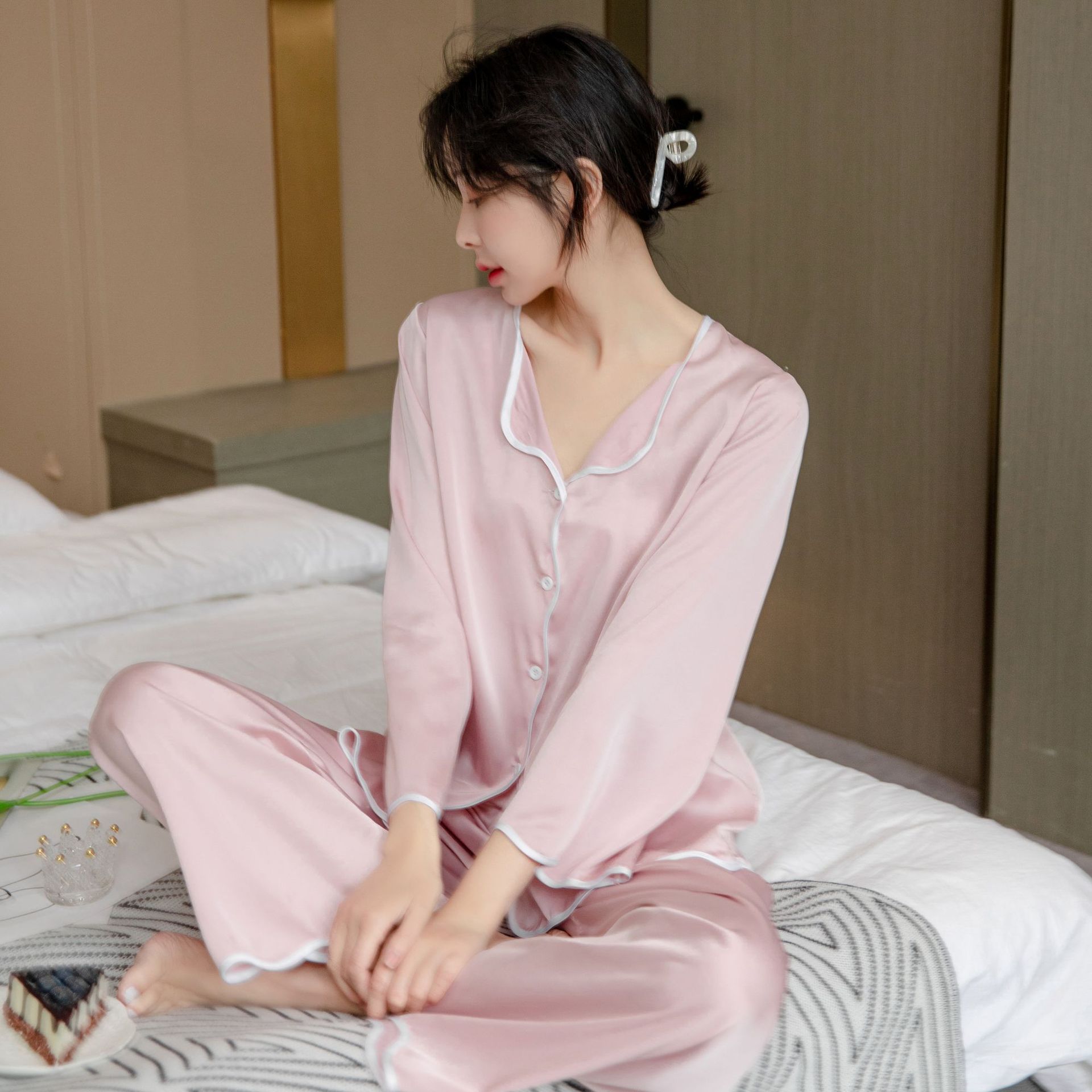 Ming Yu Ya Si Ice Silk Pajamas Set Long Sleeve Pink XL
