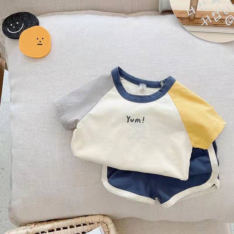 Thai Grid Boys Cotton Short Sleeve Two Piece Set Blue 120cm