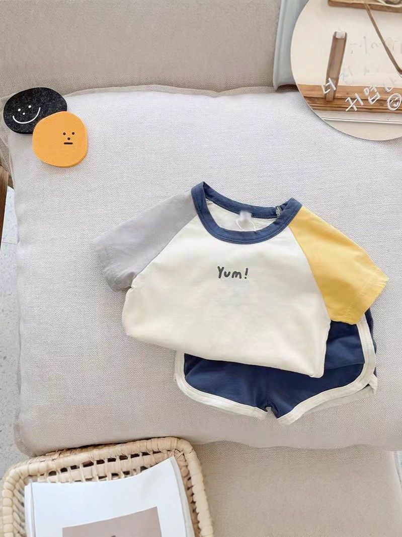 Thai Grid Boys Cotton Short Sleeve Two Piece Set Blue 120cm view 4