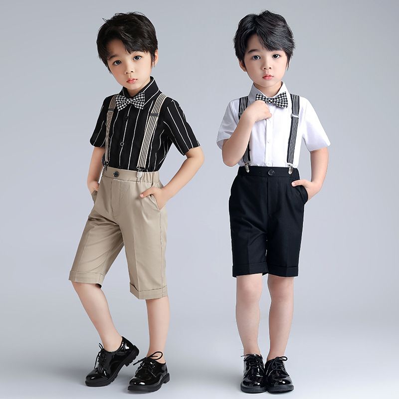 Boys Summer Cotton Short Sleeve Shirt & Shorts Set Black Button Shirt 4 Piece