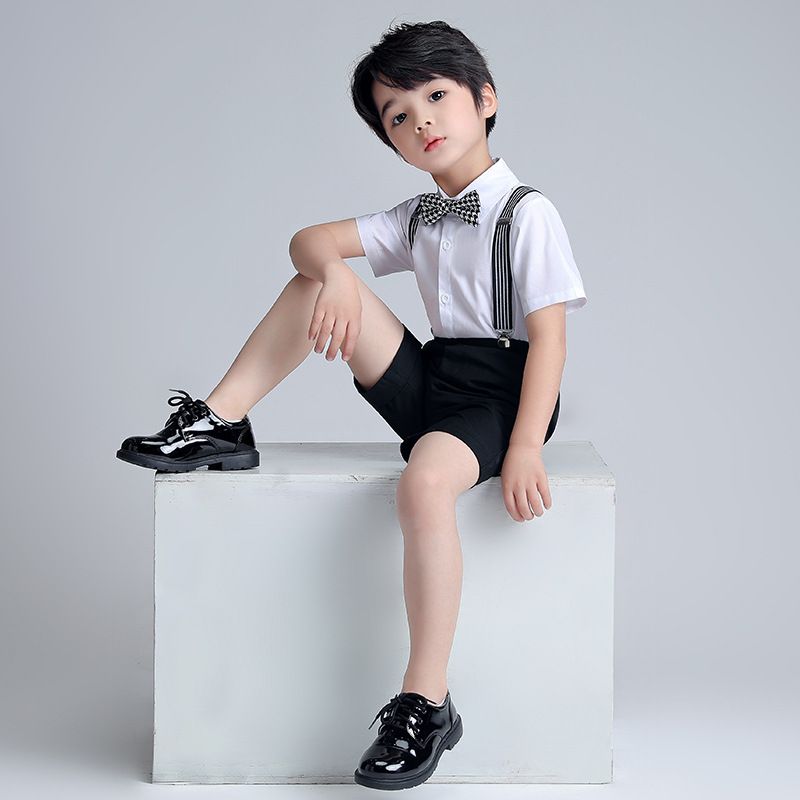 Boys Summer Cotton Short Sleeve Shirt & Shorts Set Black Button Shirt 4 Piece view 2