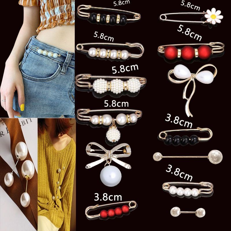 WSD Pearl Waist Pin Flower Brooch Unisex 8-piece waist-closing needle set D