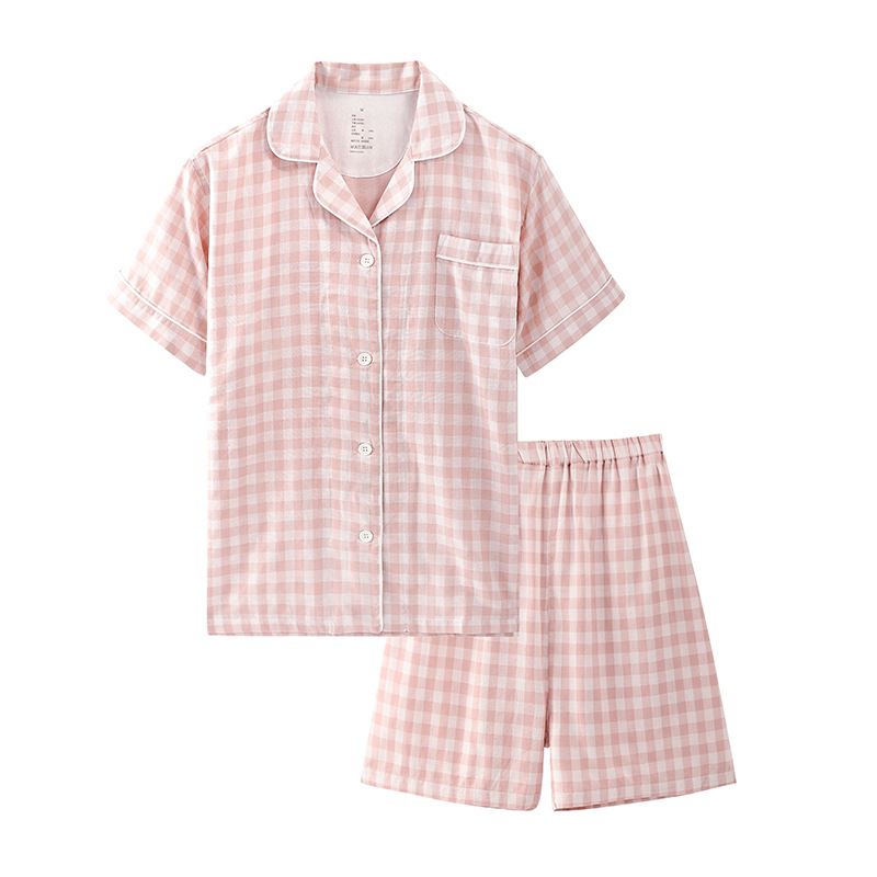 Cotton Short Sleeve Japanese Leisure Sleep Shorts Set Women's Pink Small-Short view 5