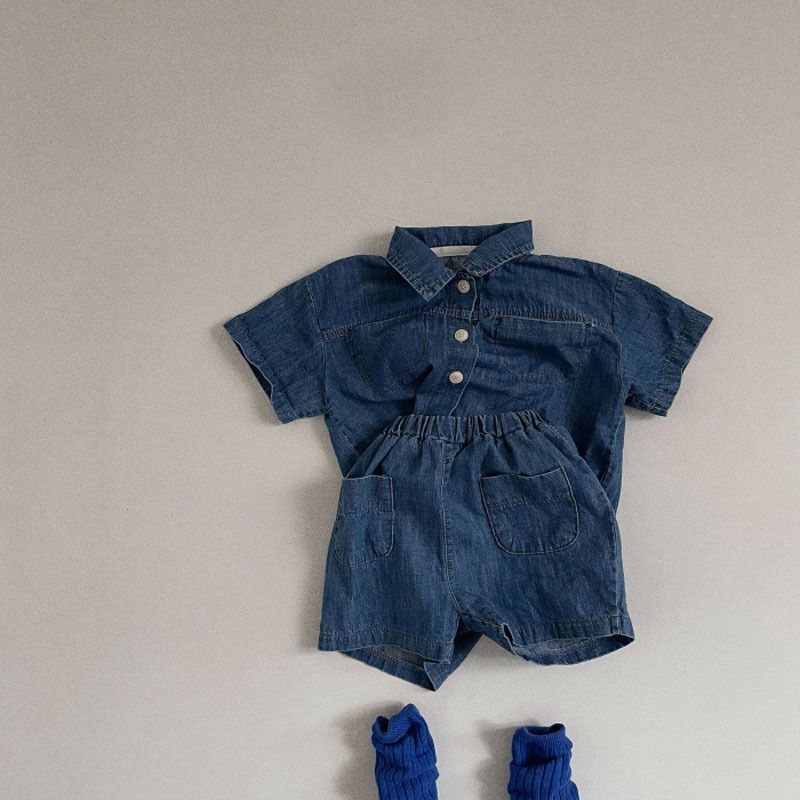 A-lebabay Infant Denim Shirt Shorts Set Summer Light blue 73CM