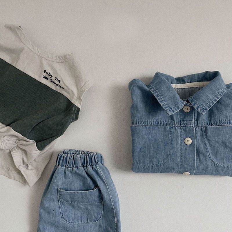 A-lebabay Infant Denim Shirt Shorts Set Summer Dark blue 110cm view 3