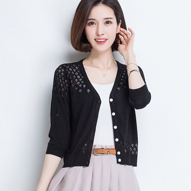 Muse Women V Neck Cardigan Thin Ice Silk Black Size: M
