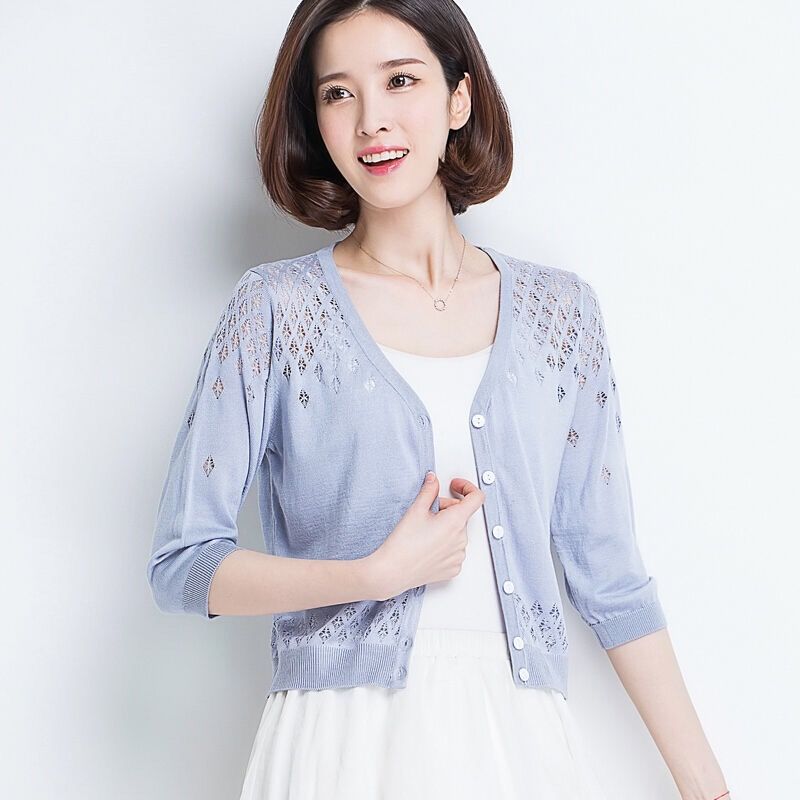 Muse Women V Neck Cardigan Thin Ice Silk Gray Blue Size: S view 5