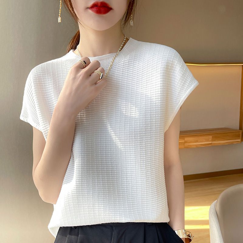 wu Thin Short Sleeve Plaid Knitted Top White Size: S