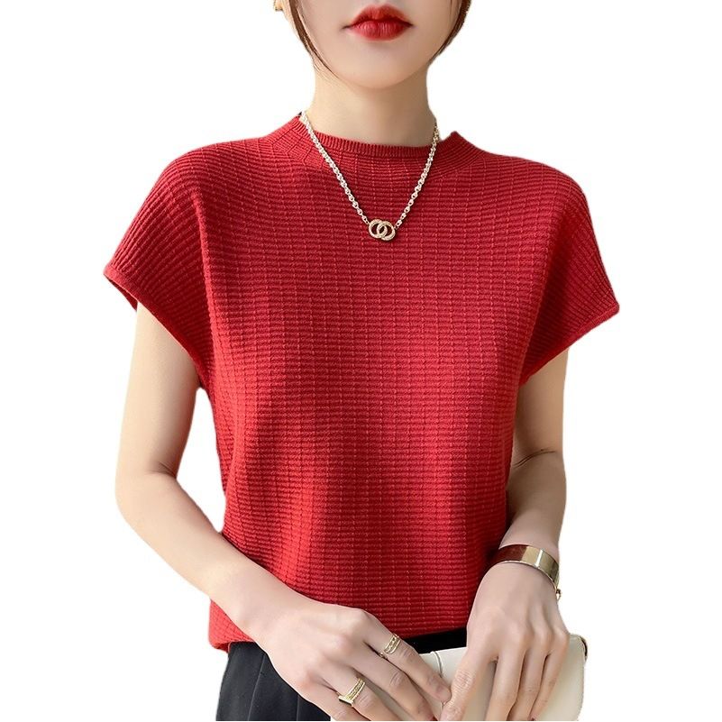 wu Thin Short Sleeve Plaid Knitted Top White XXL Size: XXL view 2