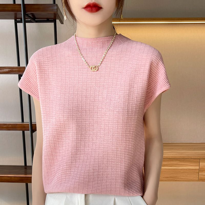 wu Thin Short Sleeve Plaid Knitted Top Pink Size: S